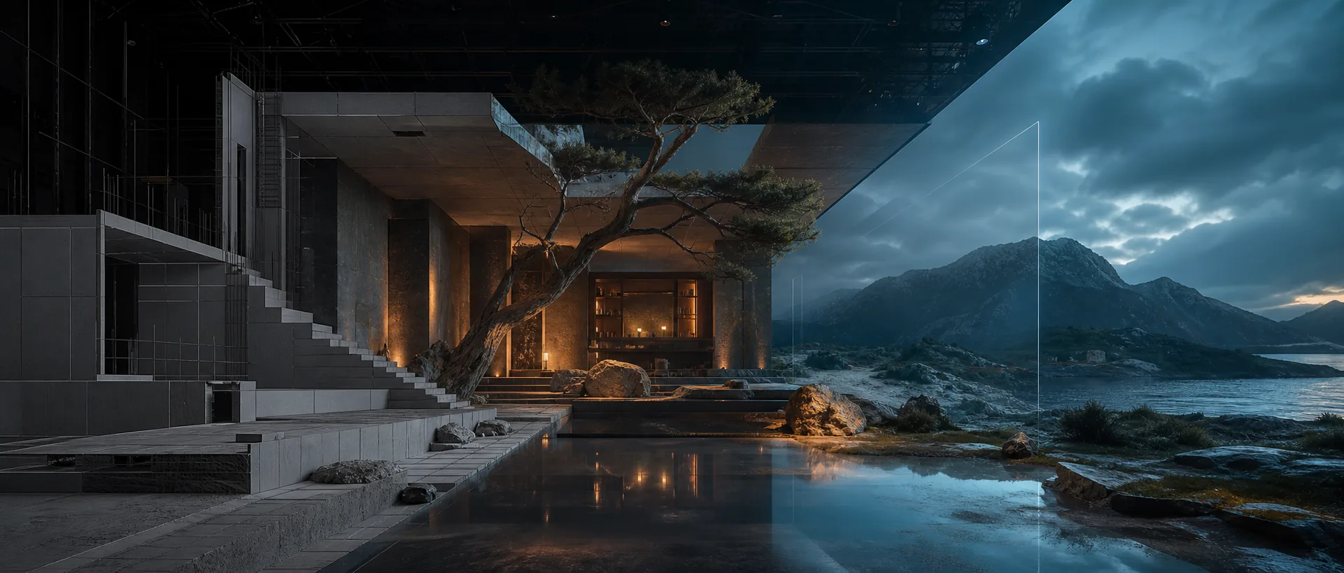 Concept visualization of one persistent digital world moving from construction through staging into a photographed landscape.