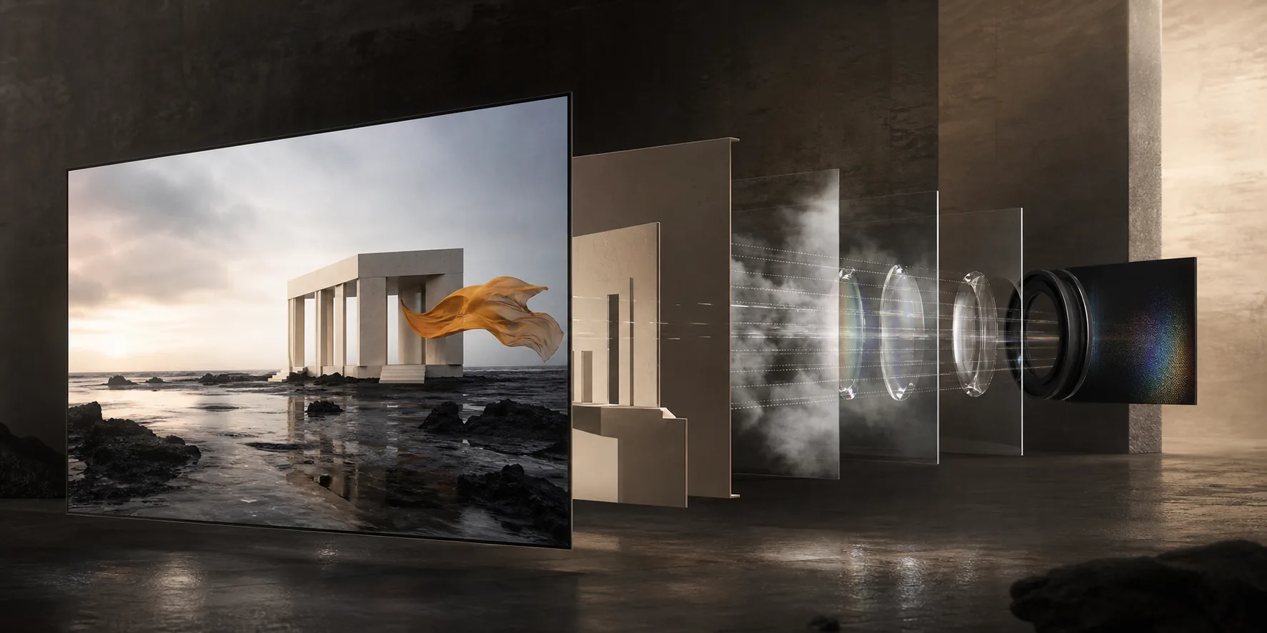 Concept visualization of a cinematic coastal image opened into world geometry, atmosphere, optics, and sensor layers.