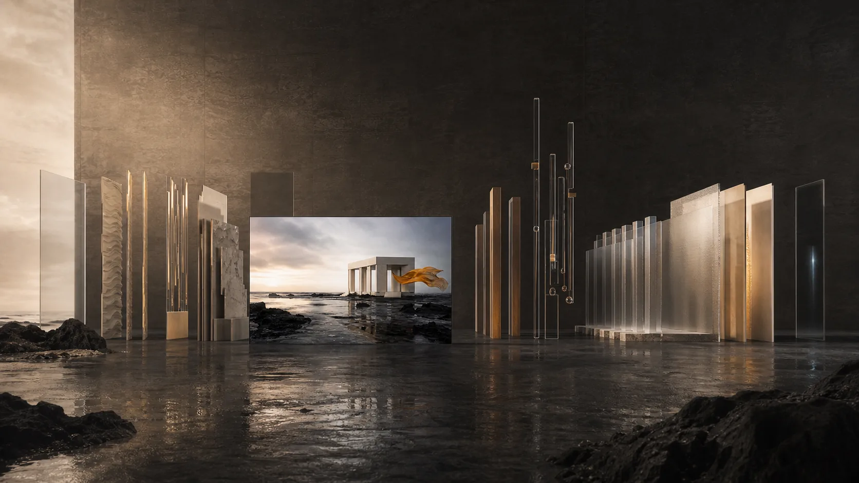 Concept visualization of the locked pavilion image surrounded by physical tonal bands, recurring motif structures, hit points, and stem-like slabs.
