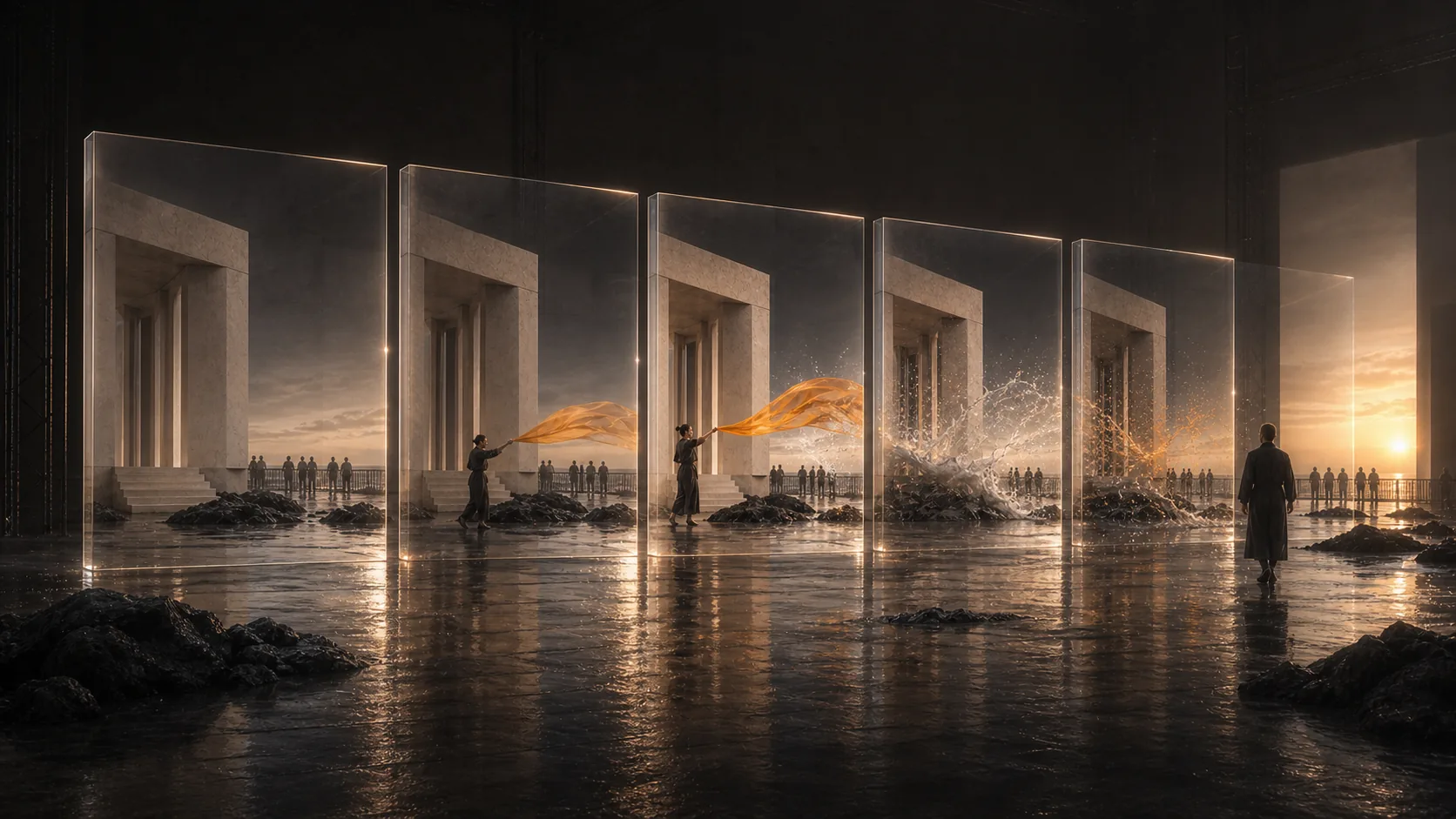 Concept study of one staged action developing across five state volumes while a director reviews the affected water, cloth, particles, and crowd response.