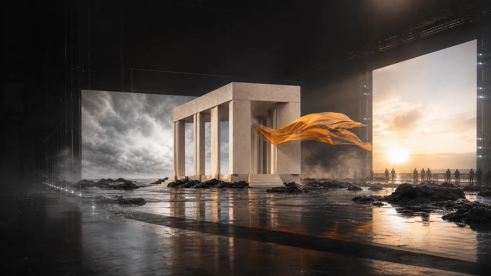 Concept visualization of the coastal pavilion alive inside a vast contemporary virtual soundstage with water, atmosphere, performance, crowds, and directed light.