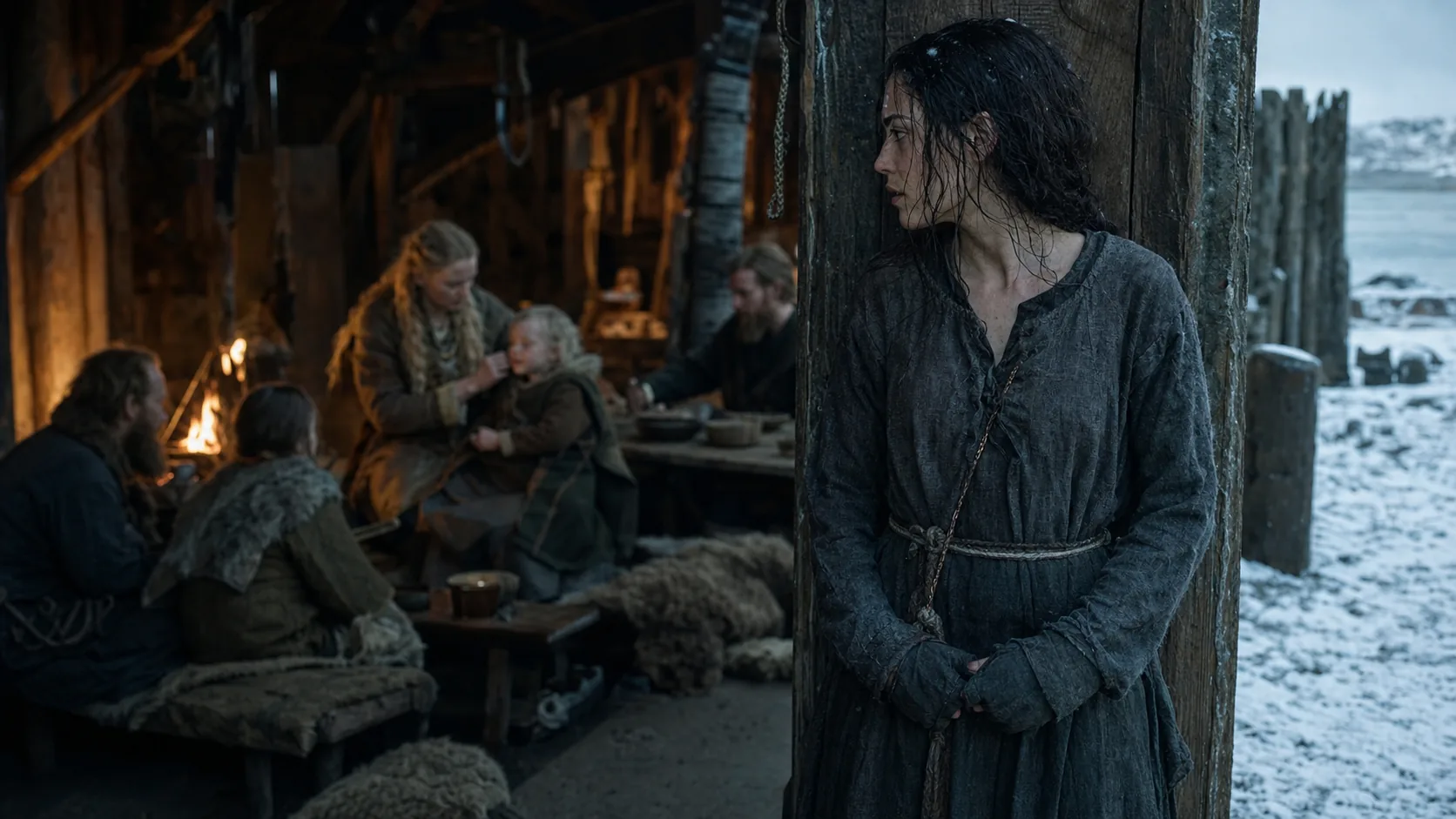 A captive Sardinian woman watches a Norse family from the threshold of a timber hall in winter.