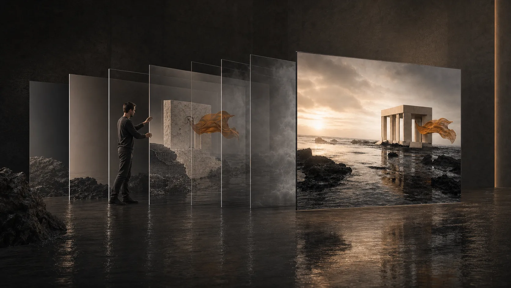Concept study of a human compositor aligning foreground, matte, depth, atmosphere, and light layers into one finished pavilion shot.