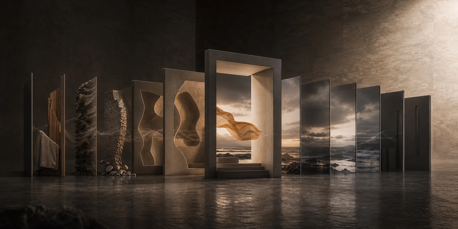 Concept visualization of the pavilion scene moving through tactile Foley surfaces, mineral impact forms, acoustic cavities, and layered ocean ambience.
