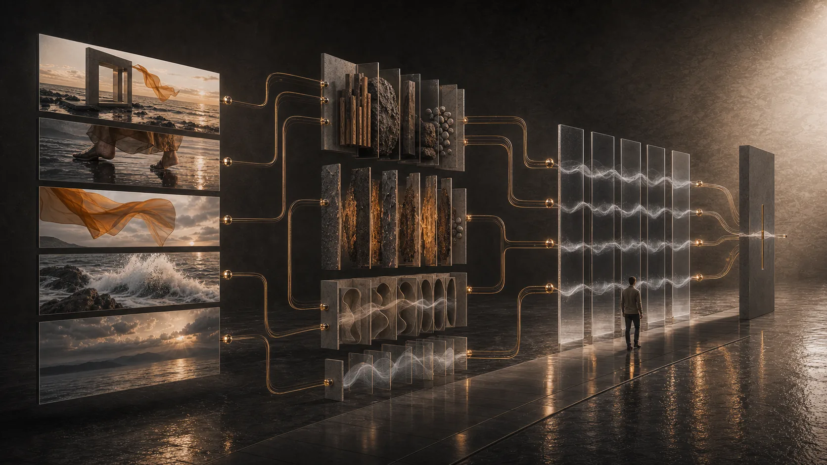 Concept study of picture events routed through material sound sources into four organized effects rails and a reviewed mix-ready stem.