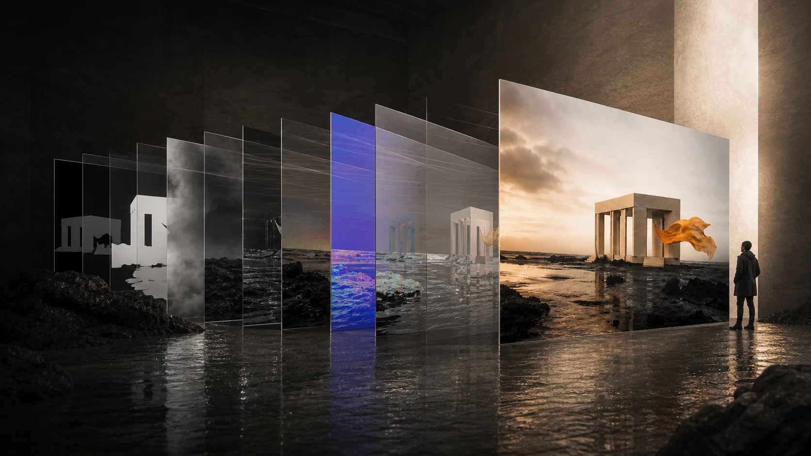 Concept study of a finished pavilion exposure surrounded by translucent depth, volume, material, matte, motion, and surface-evidence layers.