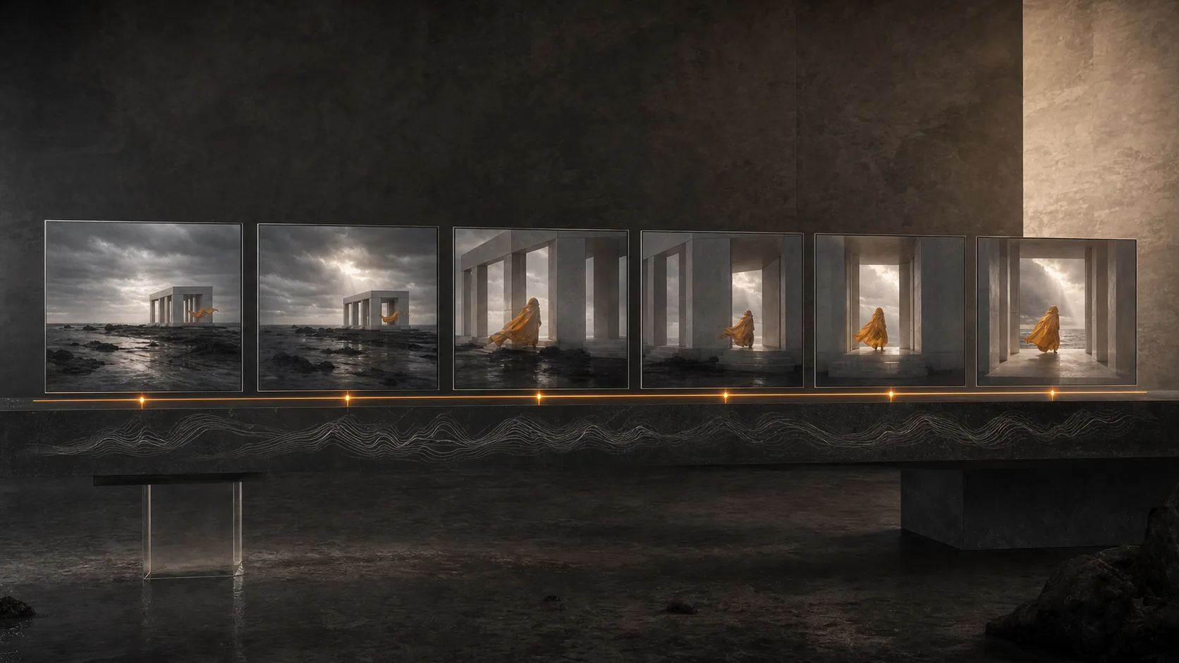 Concept animatic study showing six sequential frames, a continuous timing line, and a restrained narrative waveform.