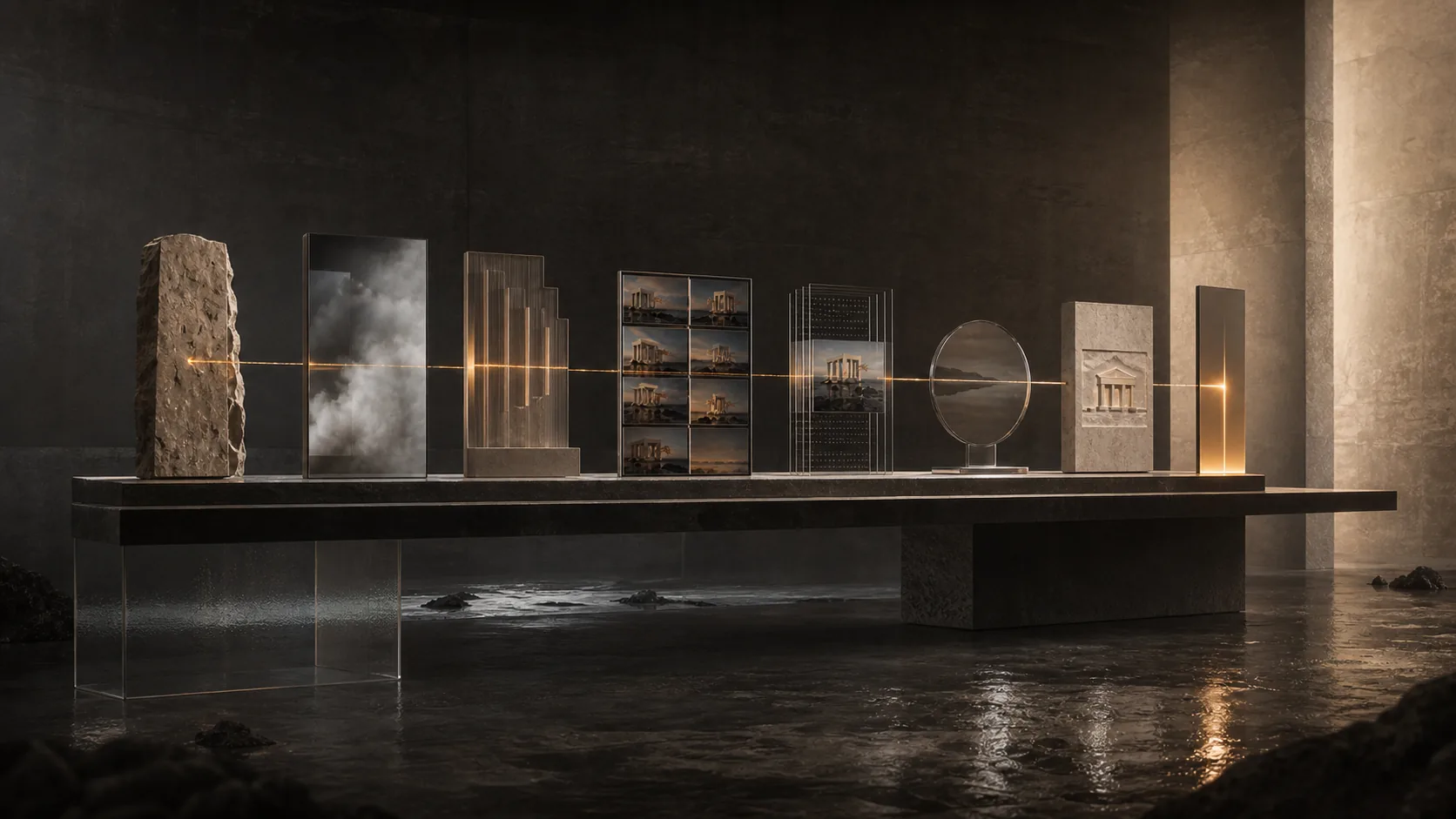 Concept visualization of eight crafted production objects connected by one continuous line of intent across a stone production table.