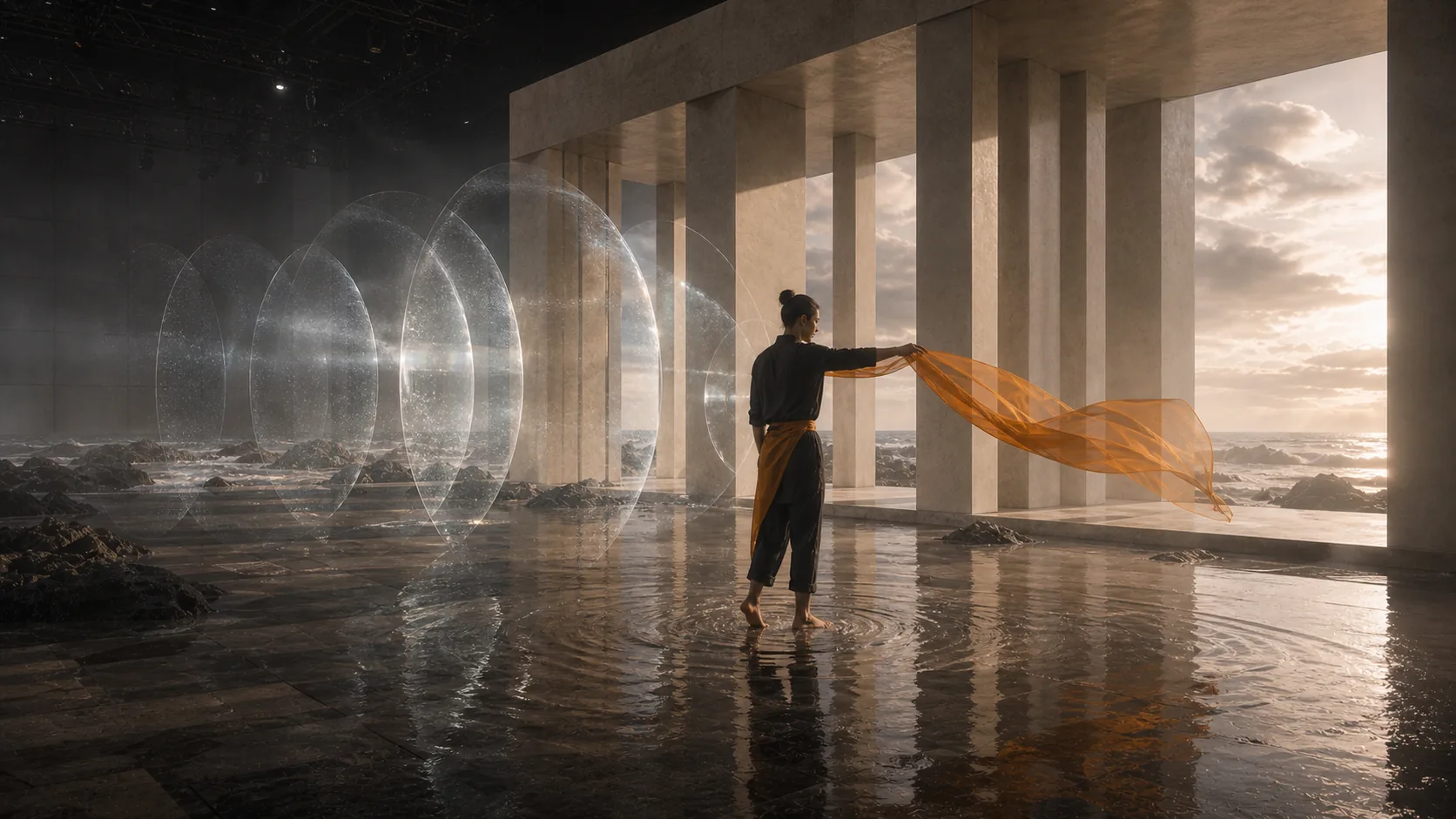 Concept study of a digital performer inside a coastal world, learning through light, sound, contact, water, and the consequences of action.