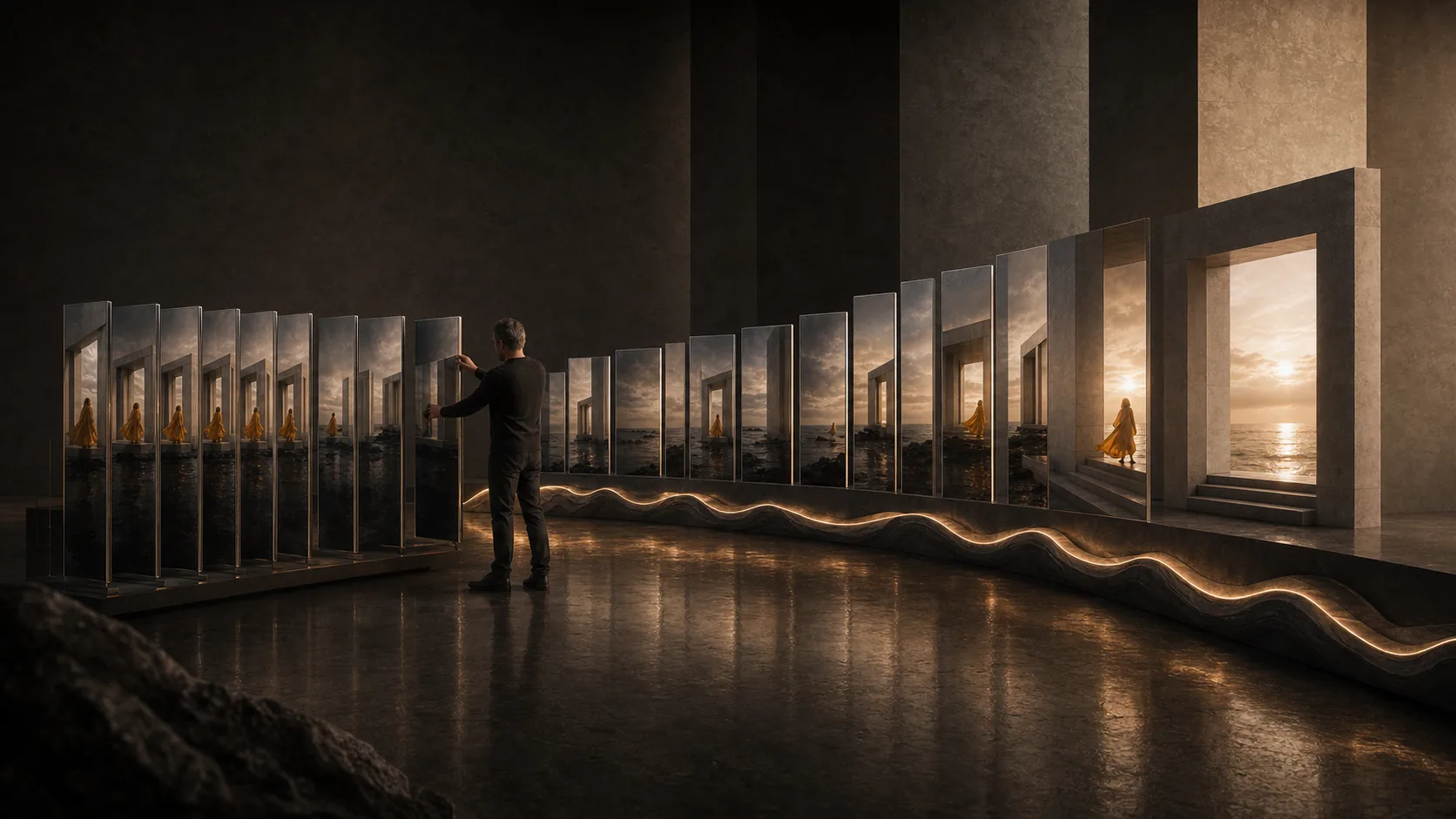 Concept study of a human editor selecting among alternate pavilion takes and shaping them along a physical narrative waveform.