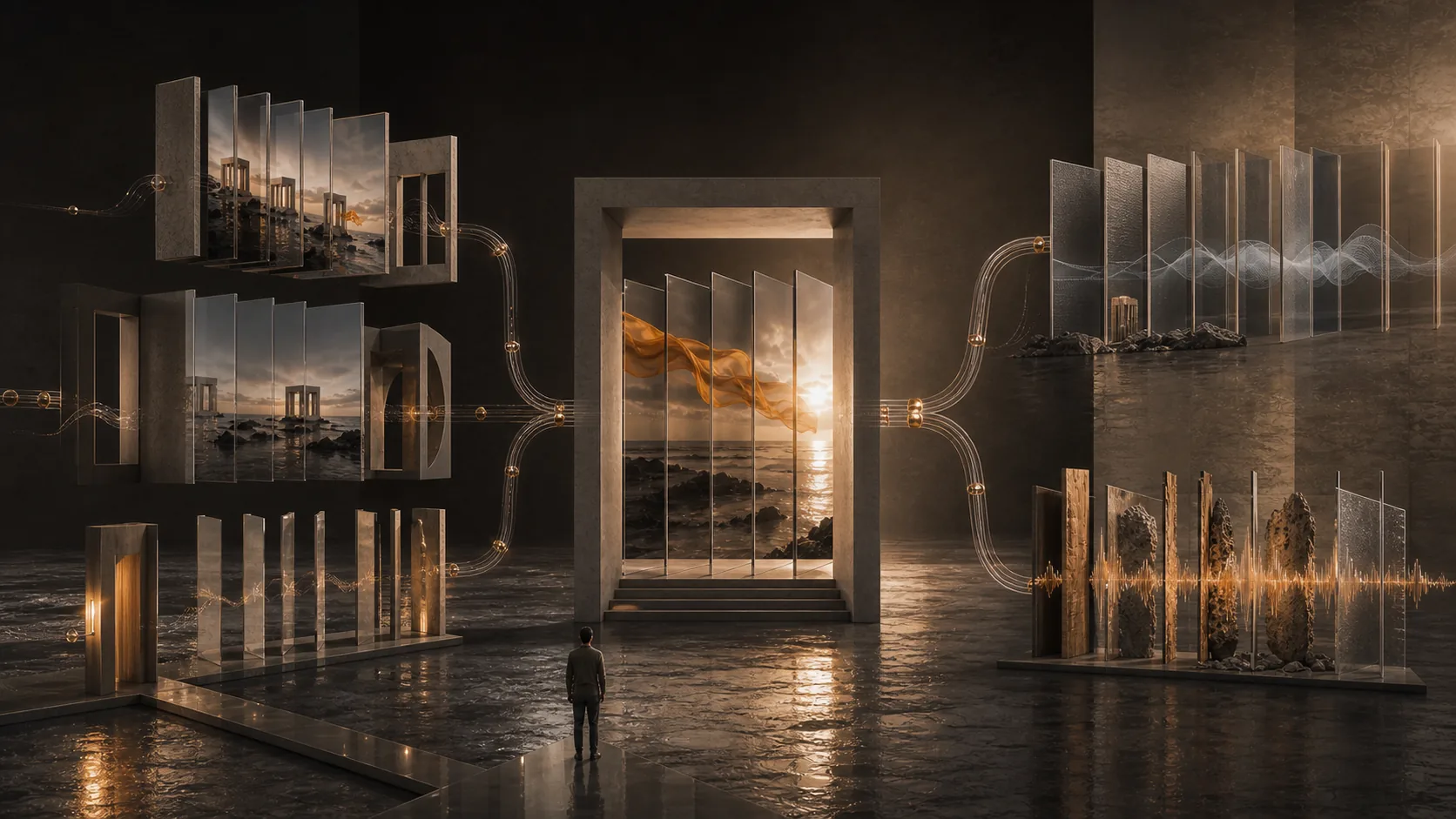 Concept study of alternate picture sequences converging through provenance paths into one locked sequence that branches to music and sound.