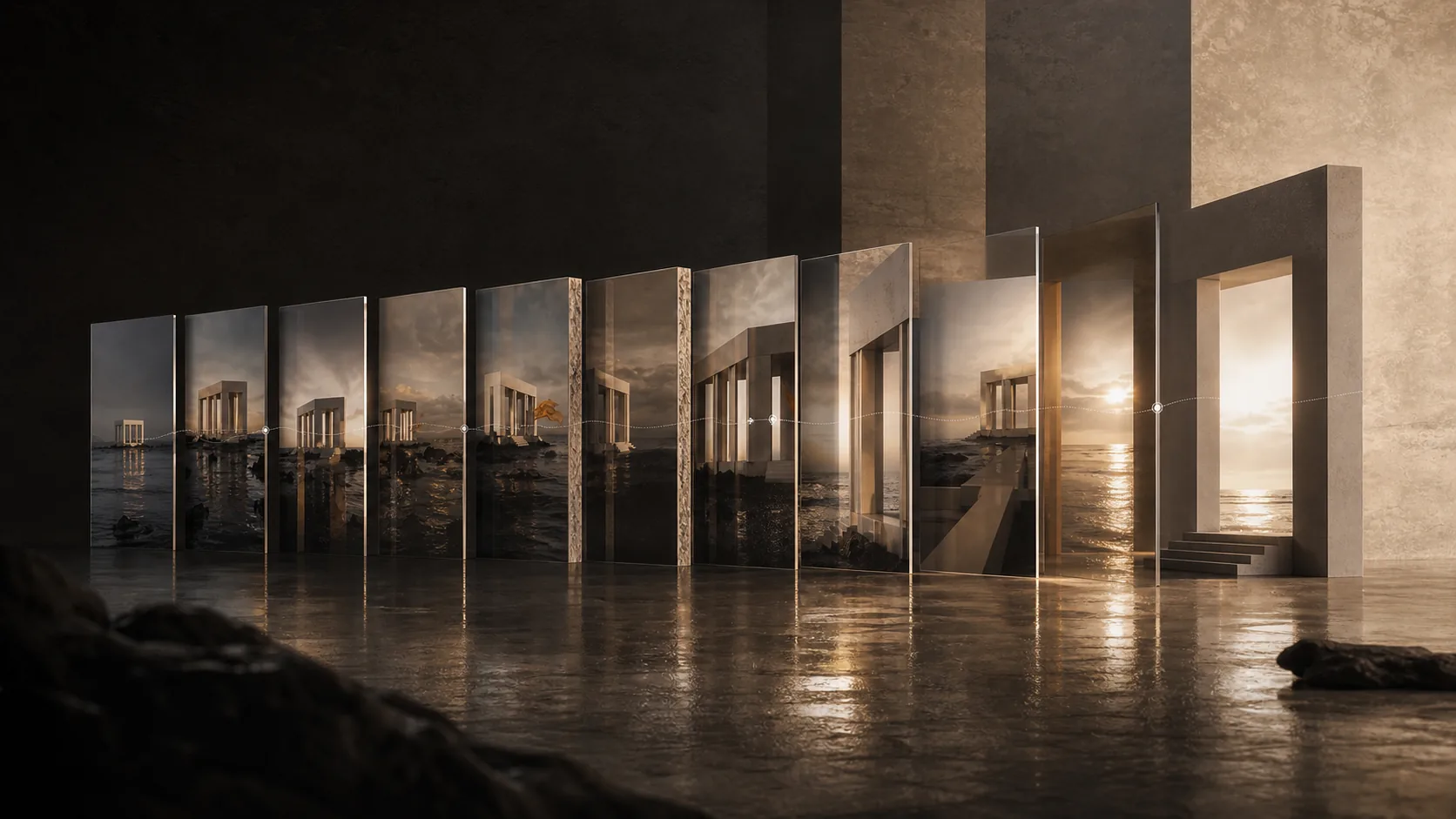 Concept visualization of many related pavilion shots arranged through space in a measured editorial rhythm that resolves into one coherent sequence.